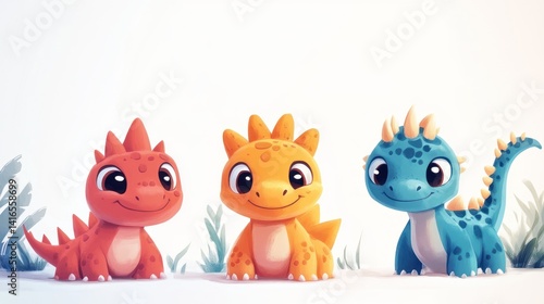 Obraz na płótnie Three adorable baby dinosaurs, sitting side by side w salonie