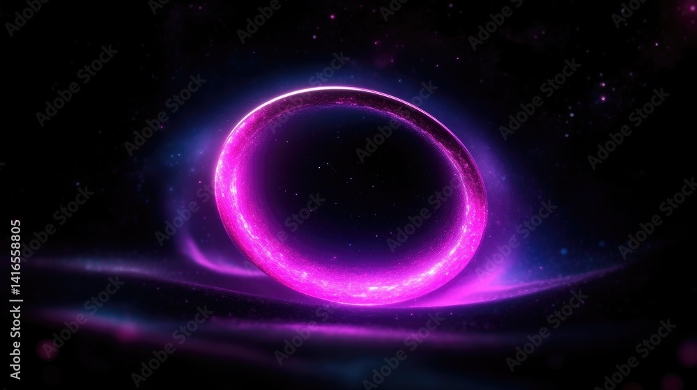 Obraz premium Cosmic ring of vibrant energy. A glowing, pink ring floats in a nebula-filled void, surrounded by twinkling stars and swirling mists. A display of ethereal light and cosmic beauty
