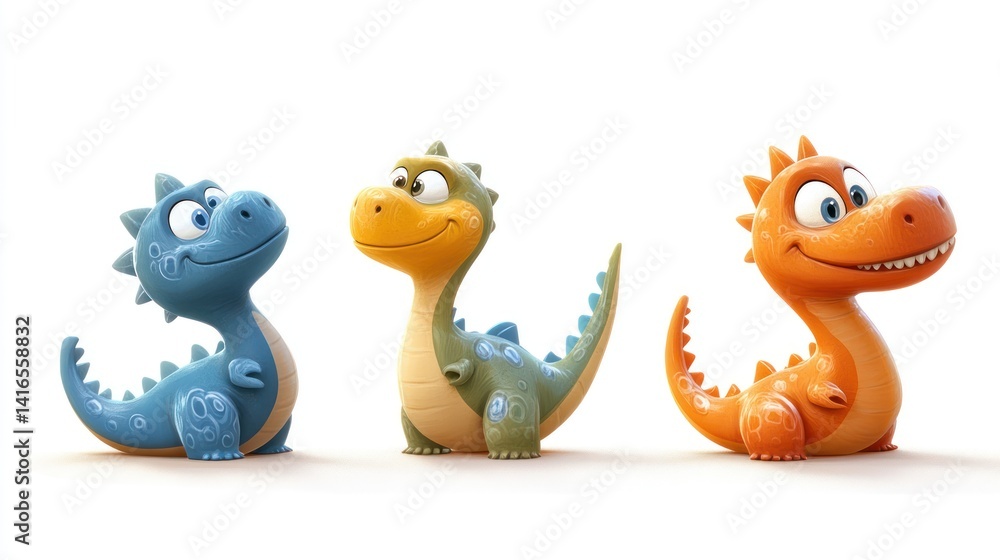 Three cute cartoon dinosaurs in various colors
