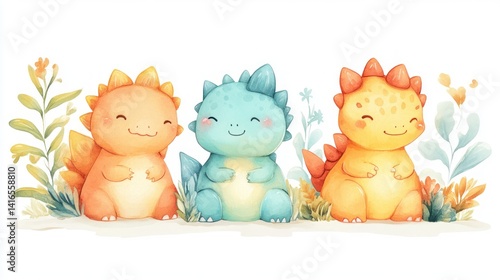 Three adorable, colorful baby dinosaurs nestled among flowers and plants