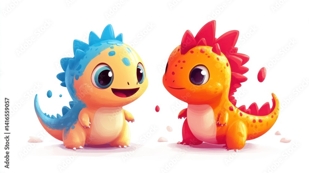 Two adorable cartoon dinosaurs, a blue and an orange one, interacting playfully