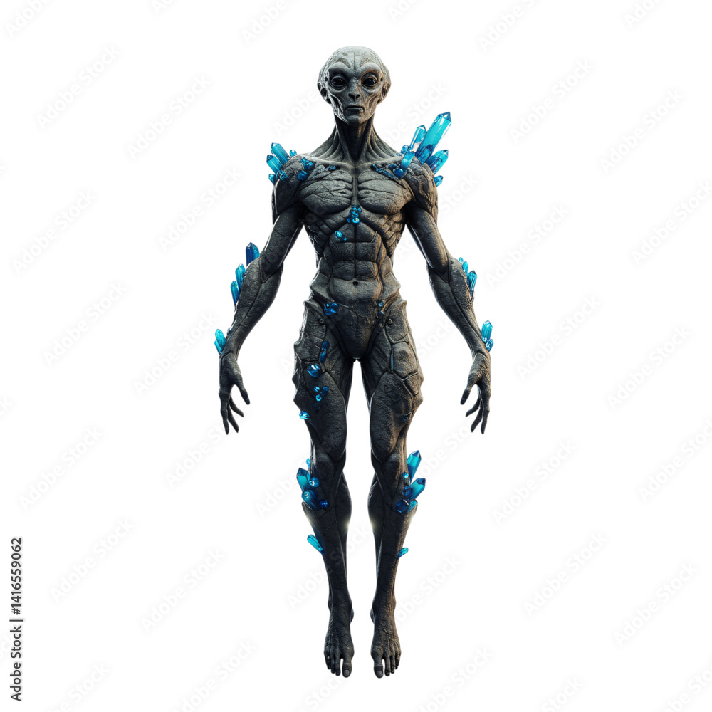 Alien Figure with Azure Crystals, Isolated on Transparent Background Alien Figure with Azure Crystals, Isolated on Transparent Background