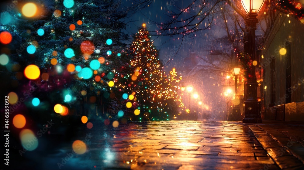 Naklejka premium a captivating display of christmas spirit a radiant scene of vibrant christmas trees illuminating a cobblestone street on a rainy night filled with festivity