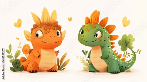 Two adorable cartoon dragons, interacting playfully