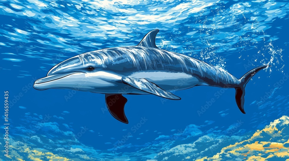 Fototapeta premium Dolphin under the sea aquatic marine life graceful underwater swimming creature playful animal ocean blue water depths nature view wildlife fauna