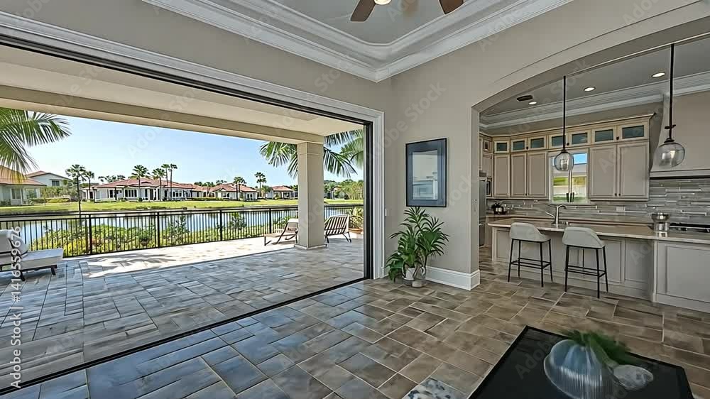 Luxurious open-concept home with a view of a lake and open-air patio