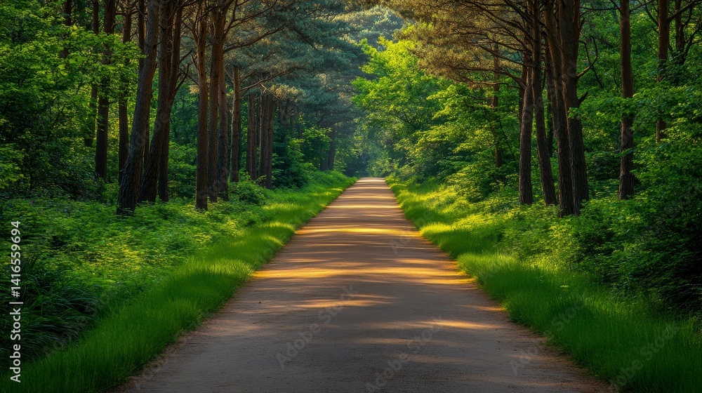 Obraz premium Sunlit Path Through Lush Green Forest