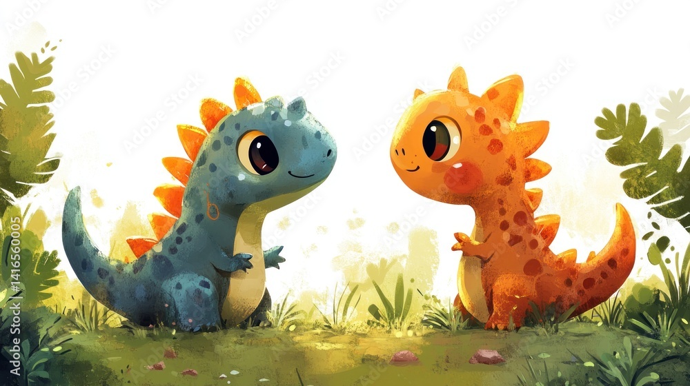Two cute dinosaurs greet each other