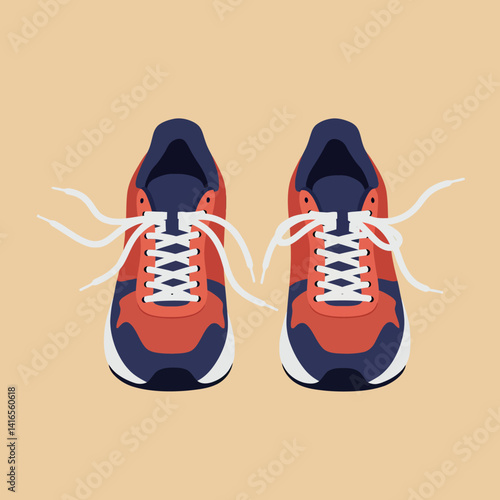 Pair of vibrant red and blue athletic sneakers with white laces in flat design style vector illustration