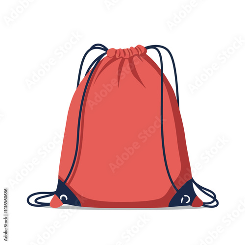 Red drawstring bag with black cords in flat minimal design isolated on white background vector illustration