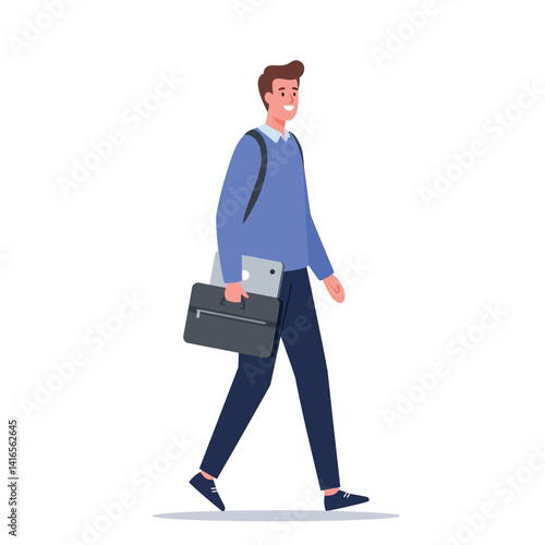 Young businessman walking with briefcase and tablet in hand wearing casual blue sweater flat vector illustration