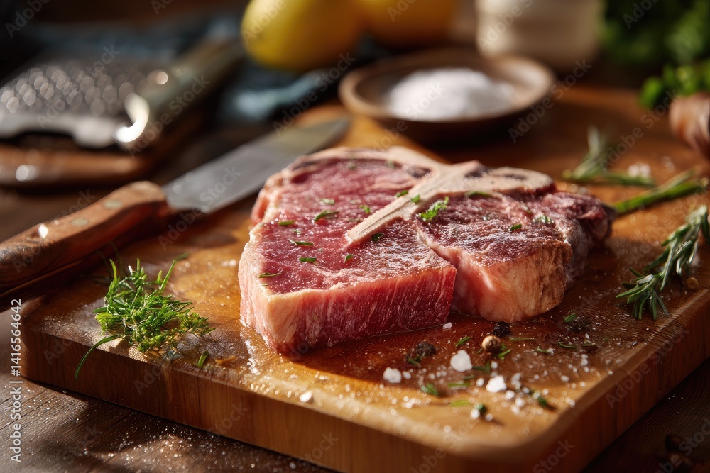 Exquisite kitchen scene with a T-bone steak on a butcher block, mid slice, emphasizing the natural textures, accentuated with herbs and a pinch of salt Exquisite kitchen scene with a T-bone steak on a butcher block, mid slice, emphasizing the natural textures, accentuated with herbs and a pinch of salt