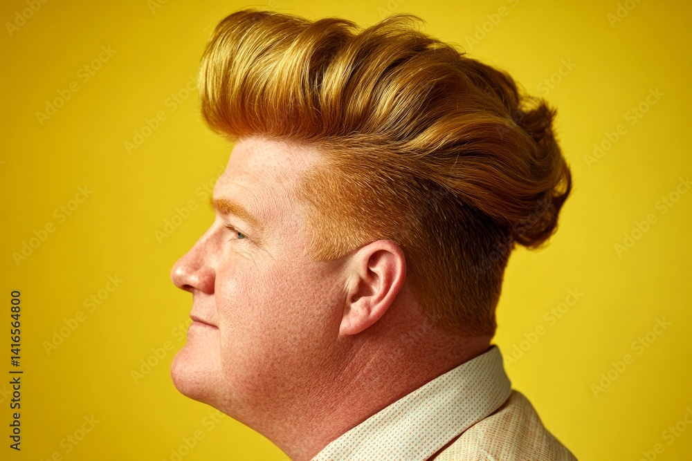 Fototapeta premium Elegant men's low fade haircut - midlife white man with blond hair. A happy and stylish male showing grace. Visual idea of style for aging men. Yellow solid background.