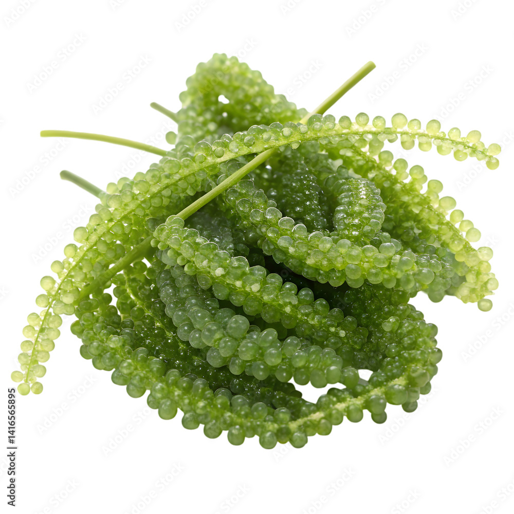 Naklejka premium Fresh Sea Grapes: Healthy Seaweed, Ocean Delicacy, Green Food on transparent background