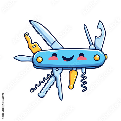 Cute cartoon swiss army knife vector illustration camping tool pocketknife multipurpose gadget equipment 100