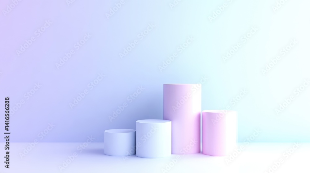 Pastel-toned display podiums against a soft gradient background. Three cylinders in pastel shades of pink and light blue, creating a tiered, minimalist display Pastel-toned display podiums against a soft gradient background. Three cylinders in pastel shades of pink and light blue, creating a tiered, minimalist display