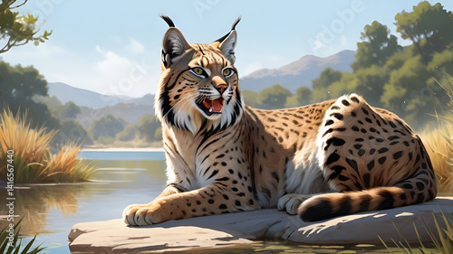  Iberian lynx  An Iberian lynx sitting with its mouth open as if mid-roar or yawning, positioned near a calm lakeside