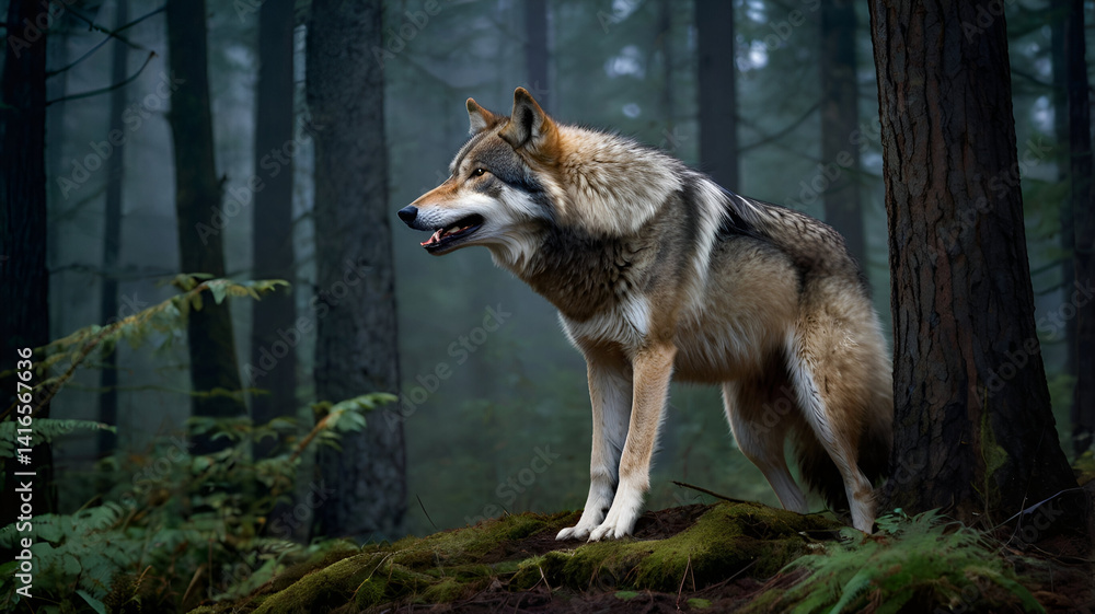 Obraz premium Northern Western wolf A Northern Western wolf with its mouth open, howling or mid-snarl, partially hidden with only half of its body visible,