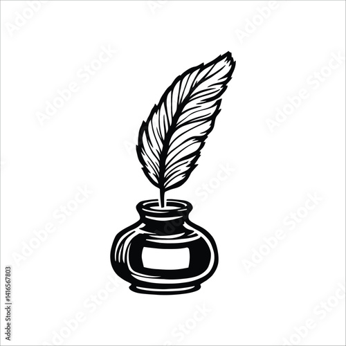 Feather quill pen in inkwell vector illustration antique writing tool vintage calligraphy design element