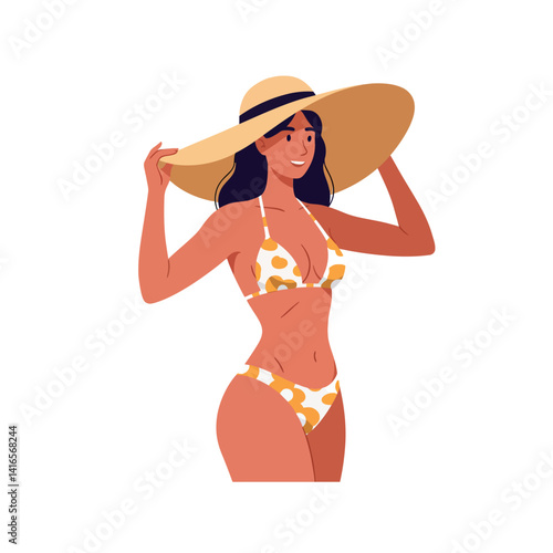 Woman in yellow polka dot bikini adjusting large sun hat flat design vector illustration