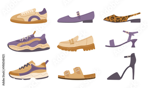 Shoes illustration set. Modern trendy shoes. Casual male and female footwear. Stylish clothes flat cartoon collection. Vector design elements