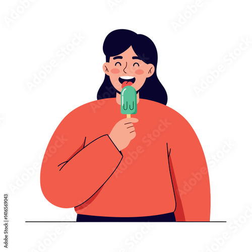 Young woman enjoying green popsicle in simple flat design with joyful expression vector illustration