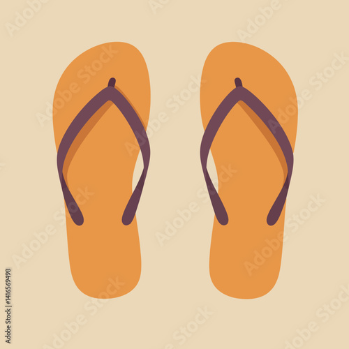 Pair of orange flip flop sandals with brown straps in flat minimal design isolated on beige background vector illustration