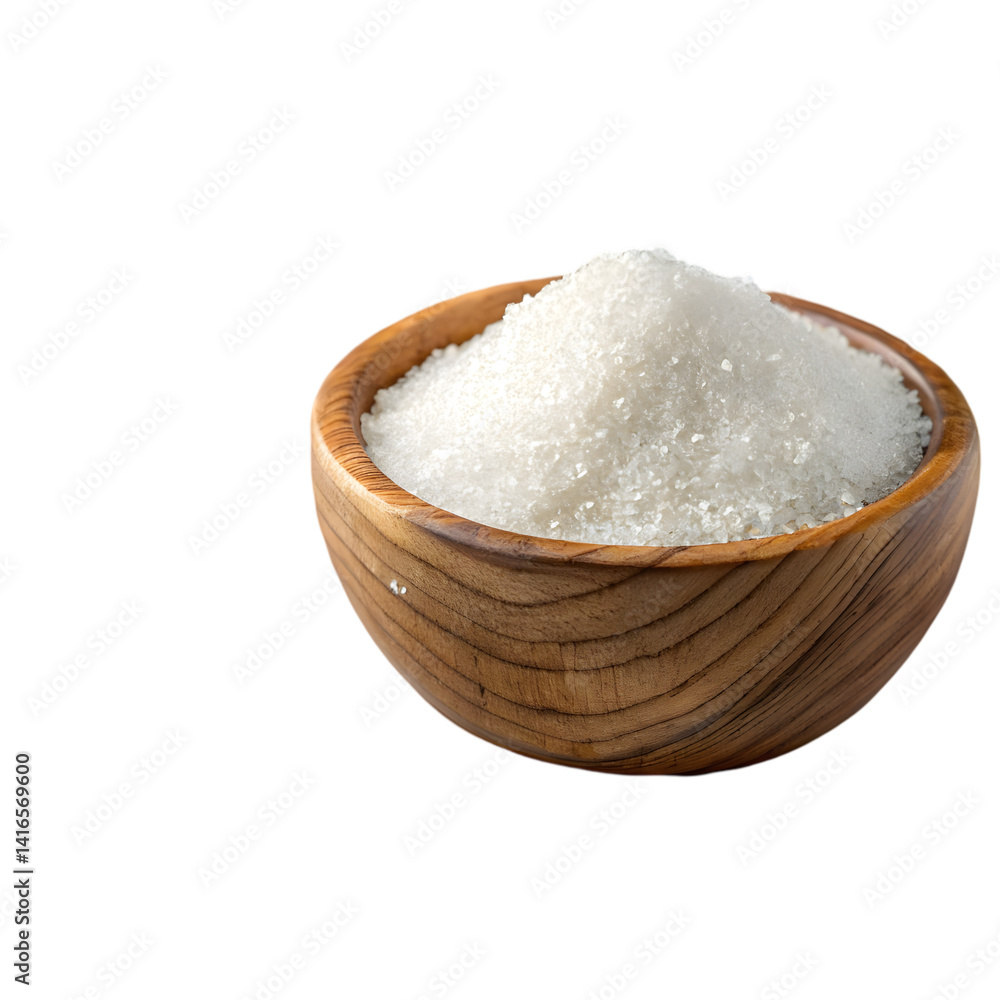 White Sugar in Wooden Bowl: Granulated Sugar Texture, Sweetener Food Photo on transparent background White Sugar in Wooden Bowl: Granulated Sugar Texture, Sweetener Food Photo on transparent background