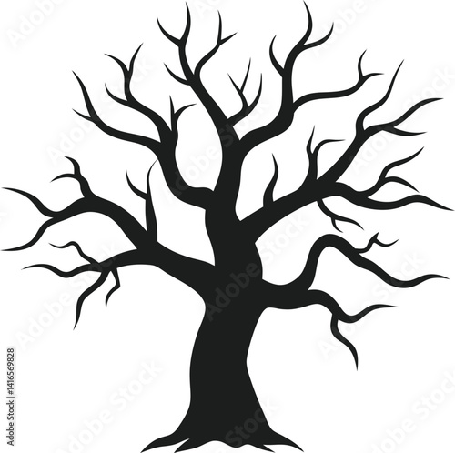 Spooky Twisted Tree Silhouette Vector - Spindly Tree Silhouette Vector