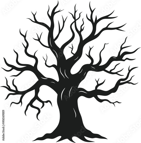 Spooky Twisted Tree Silhouette Vector - Freaky Tree with Bony Branches