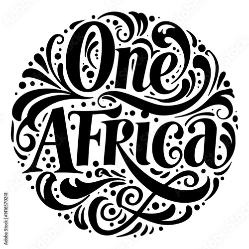 Bold, stylized lettering of One Africa within a circular, ornate design.  Perfect for African-themed advertising, social media graphics, or editorial pieces.