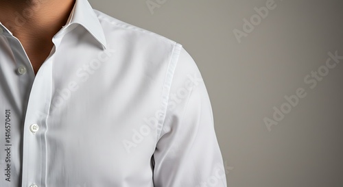 Close Up of a Crisp White Men's Dress Shirt Against a Grey Background