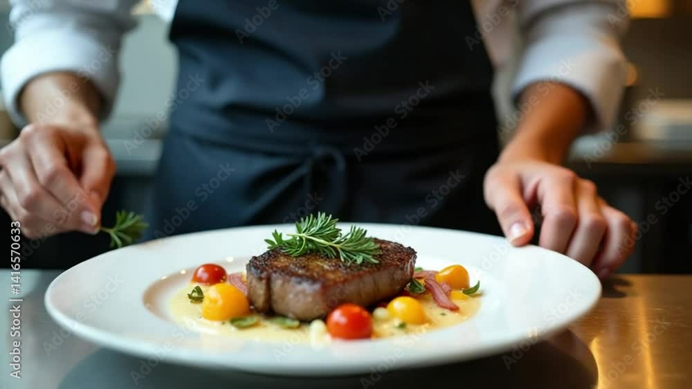 Chef’s Hands Garnishing Seared Meat Dish in Professional Kitchen Setting Chef’s Hands Garnishing Seared Meat Dish in Professional Kitchen Setting