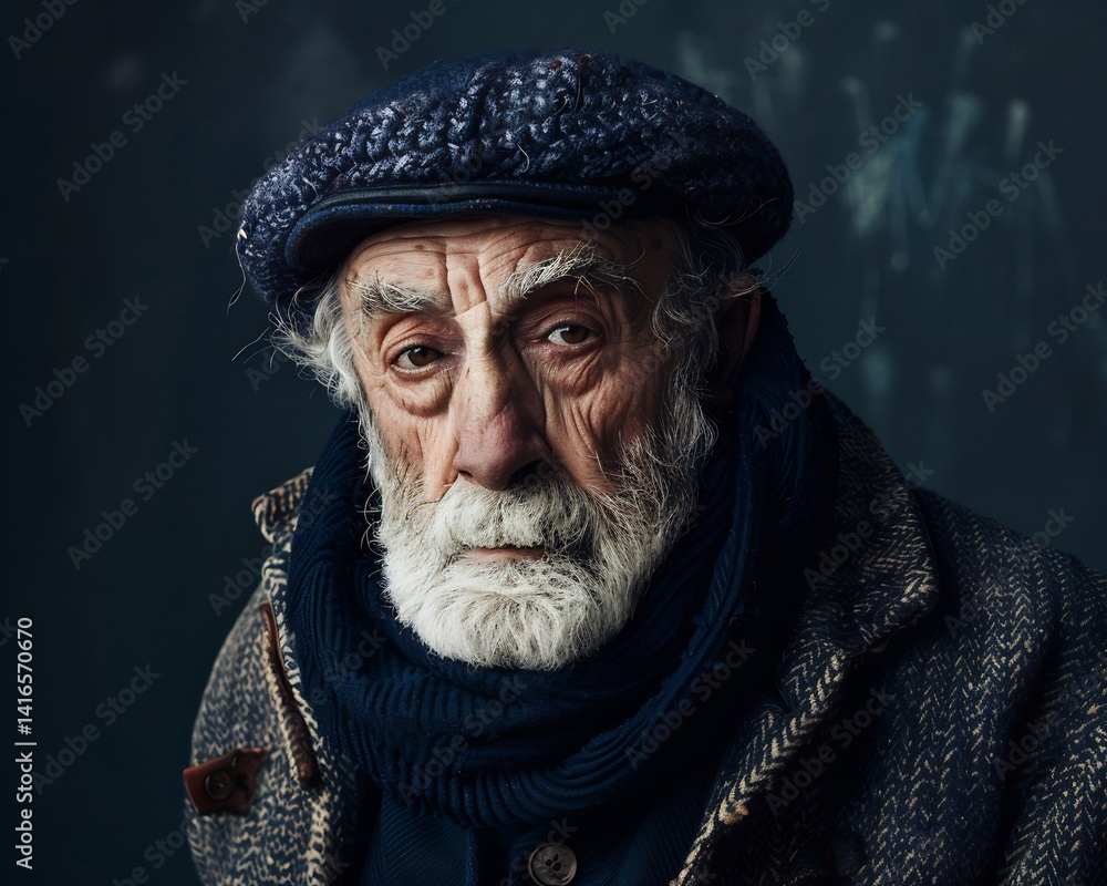 Cinematic low key portrait of old fisherman with deep wrinkles dramatic shadows adding character Cinematic low key portrait of old fisherman with deep wrinkles dramatic shadows adding character