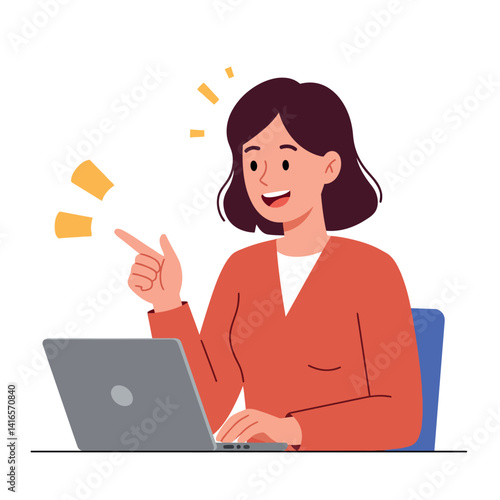 Young woman in orange sweater working on laptop and gesturing with finger in flat style vector illustration