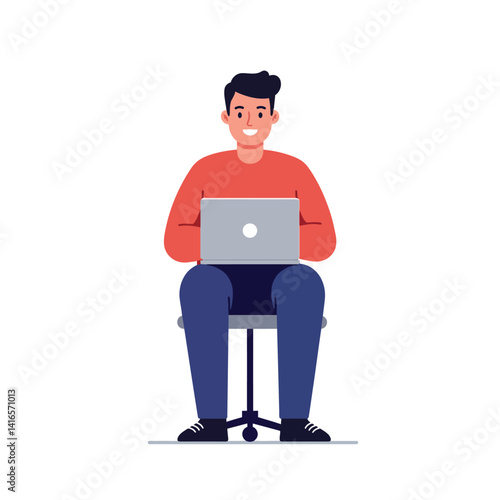 Young man sitting on office chair using laptop computer wearing casual clothes flat design vector illustration