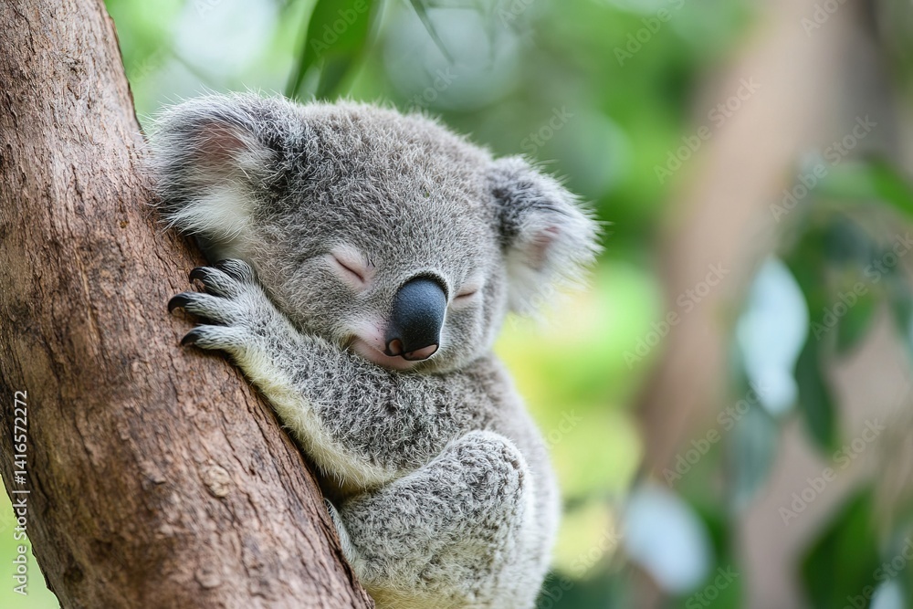 Obraz premium A cuddly baby koala snuggled into the crook of a tree, dozing peacefully.