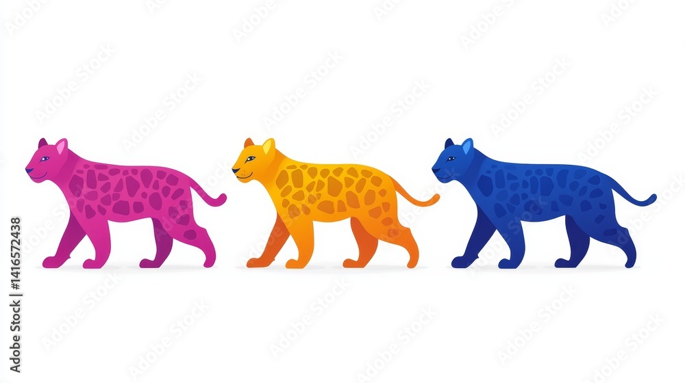 Obraz premium Pixelated trio of uniquely colored jaguars representing vibrant diversity and retro gaming aesthetics evoking feelings of nostalgia and playful artistry