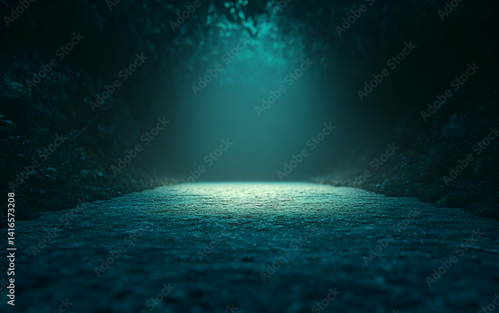 Fototapeta premium Mysterious pathway illuminated by ethereal light, surrounded by dense foliage, creating a serene and enchanting atmosphere.