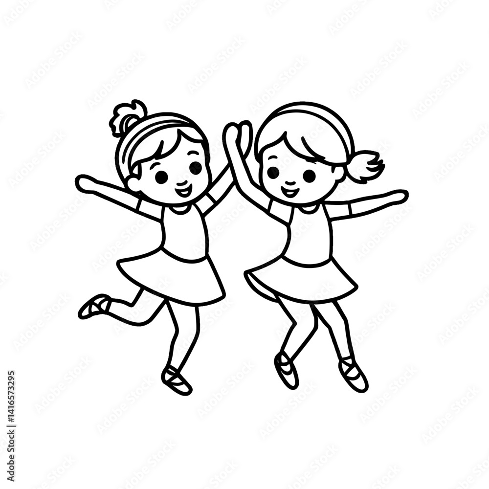Two happy girls dancing joyfully together vector illustration Two happy girls dancing joyfully together vector illustration