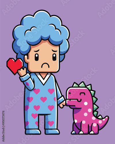 A sleepy-eyed character in 8-bit style pajamas (blocky heart pattern), dragging a stuffed dinosaur with one hand and rubbing their eyes with the other