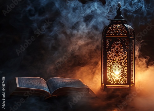 Photo of an ornate lantern and the Holy Quran on a black background with smoke, Ramadan concept. 