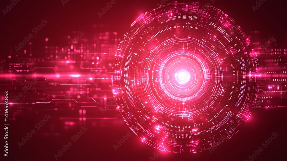 Obraz premium Futuristic red digital interface with a glowing circular design embedded in a high-tech background