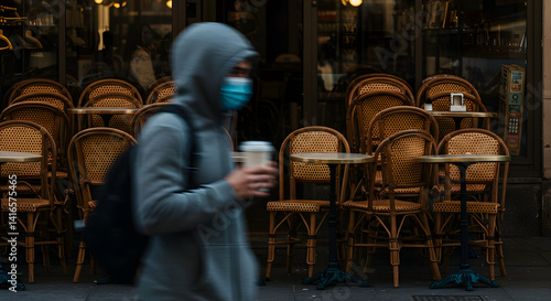 Fototapeta Naklejka Na Ścianę i Meble -  Person Wearing Facemask Walking Past an Empty Outdoor Cafe Terrace During Daytime in France