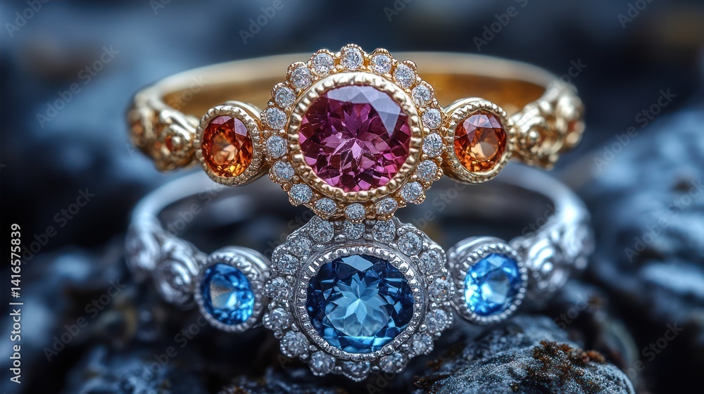 Elegant gemstone rings closeup Elegant gemstone rings closeup