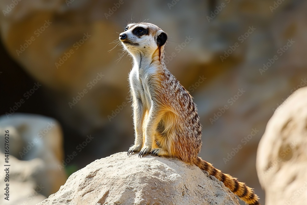 Fototapeta premium A curious meerkat standing on a rock, its eyes scanning the horizon for any threats