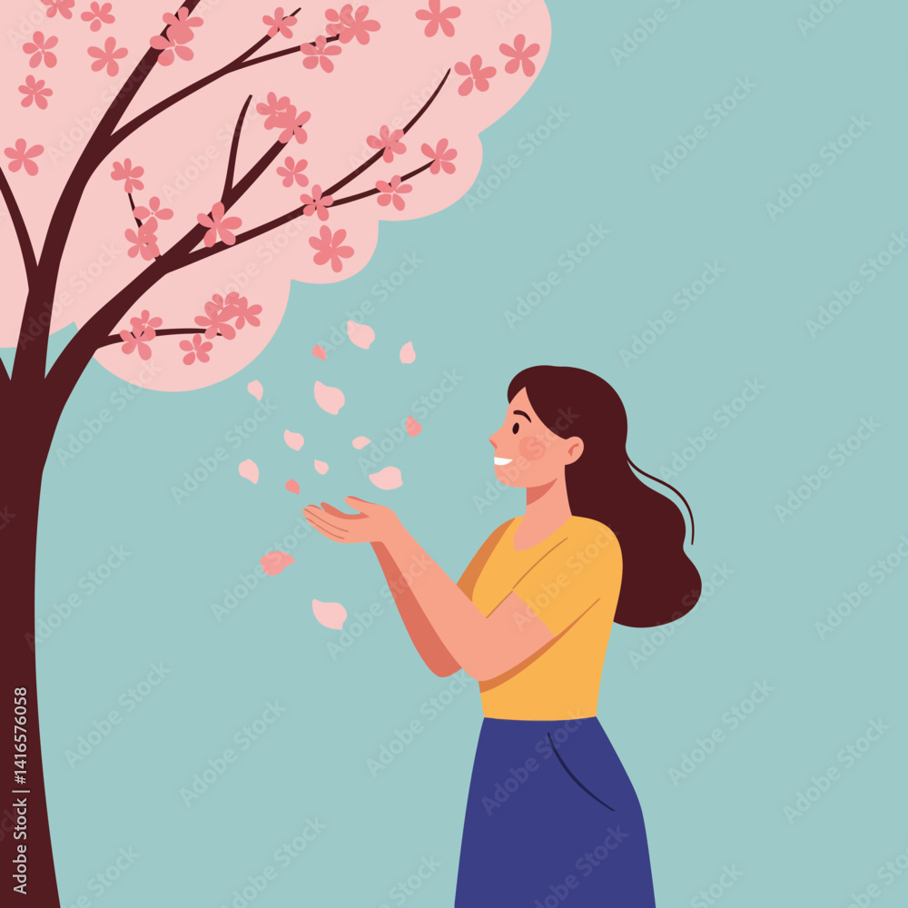 Young woman enjoying pink cherry blossom petals falling from tree in flat style vector art Young woman enjoying pink cherry blossom petals falling from tree in flat style vector art