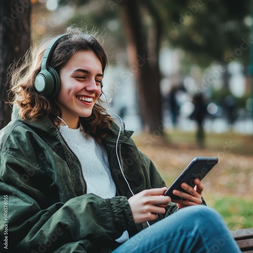 A young person sitting on a park bench with headphones on, smiling while listening to music on their smartphone, the background softly blurred to create a peaceful vibe