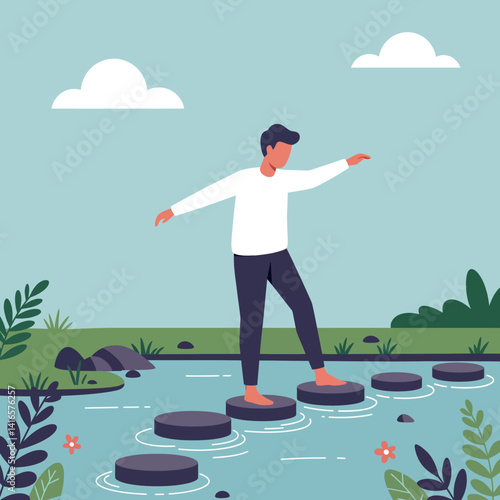 Young man balancing on round stepping stones across a river in nature flat design vector illustration
