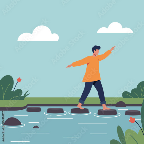 Man balancing on stepping stones crossing water with plants and clouds in minimal flat vector illustration